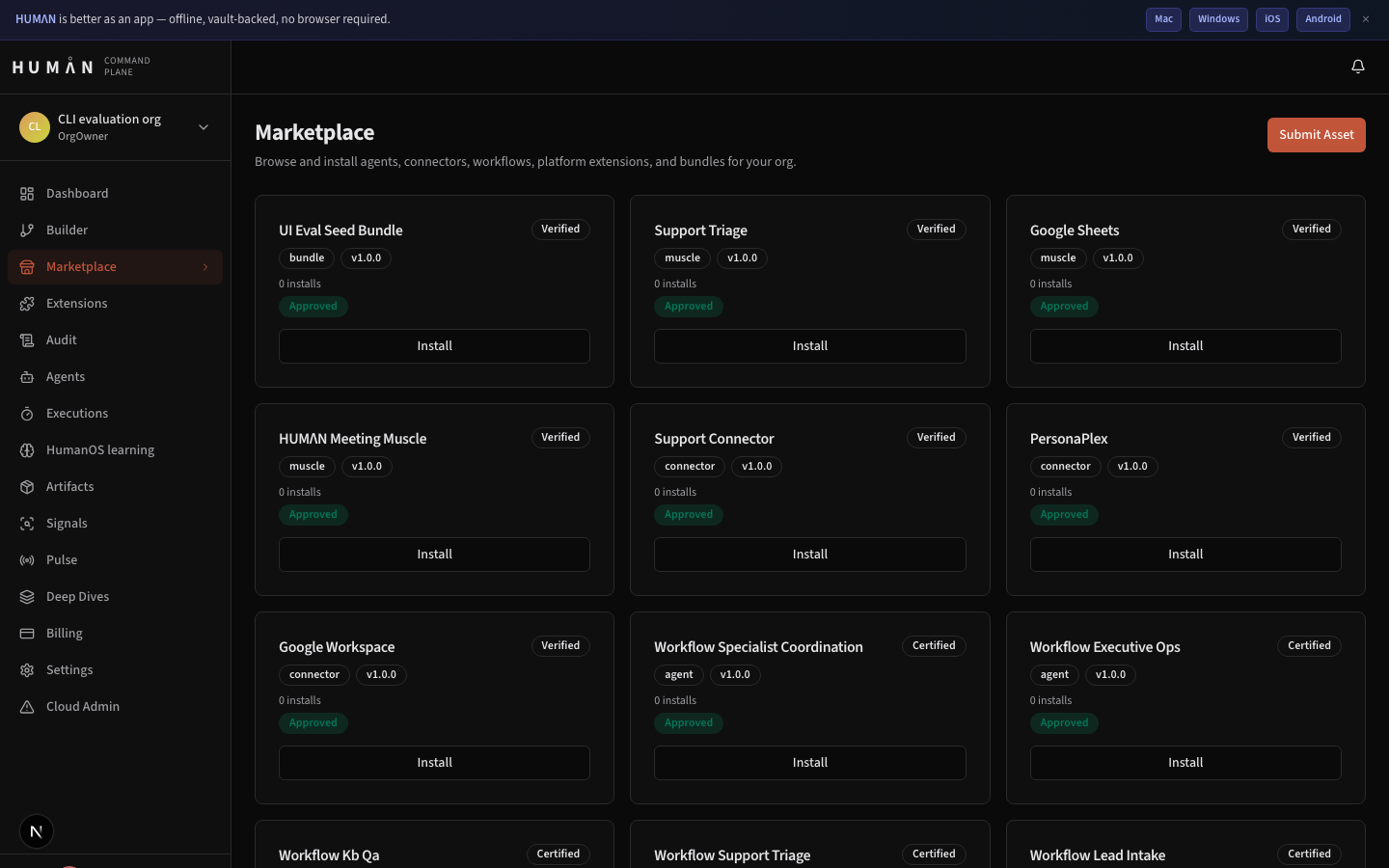 Marketplace listing grid with governance and provenance metadata visible on each card.